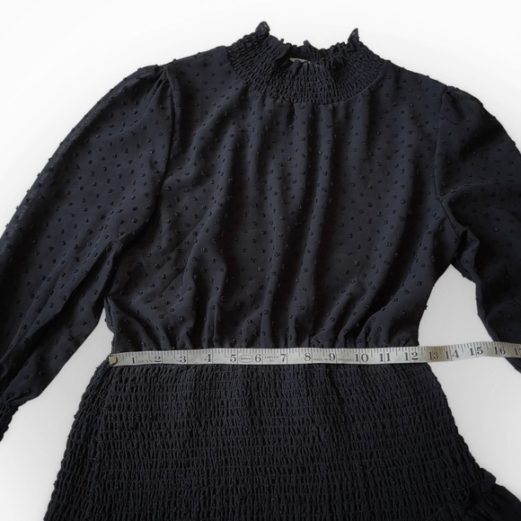 Goodnight Macaroon Mini Dress Textured Tiered Shirred Hips Black Crepe Dots 6 - Picture 6 of 10